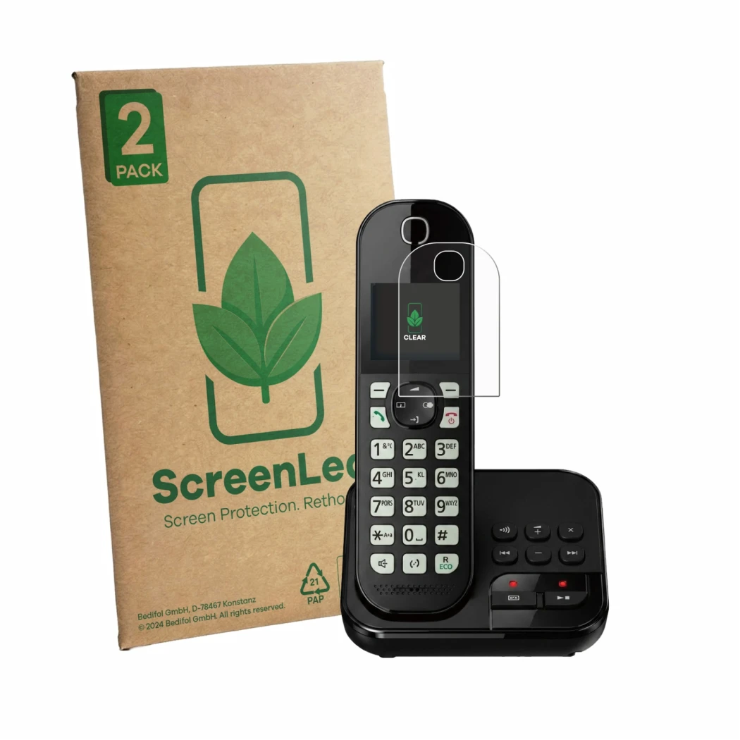 Front side of a product packaging with the brand logo ScreenLeaf. Next to it is the device Panasonic KX-TGC460 shown with the 