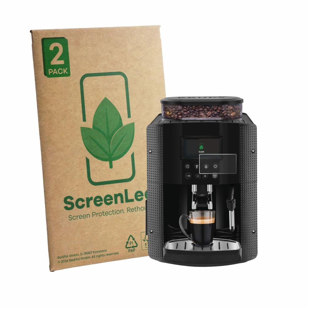 Front side of a product packaging with the brand logo ScreenLeaf. Next to it is the device Krups Essential YY8135FD shown with