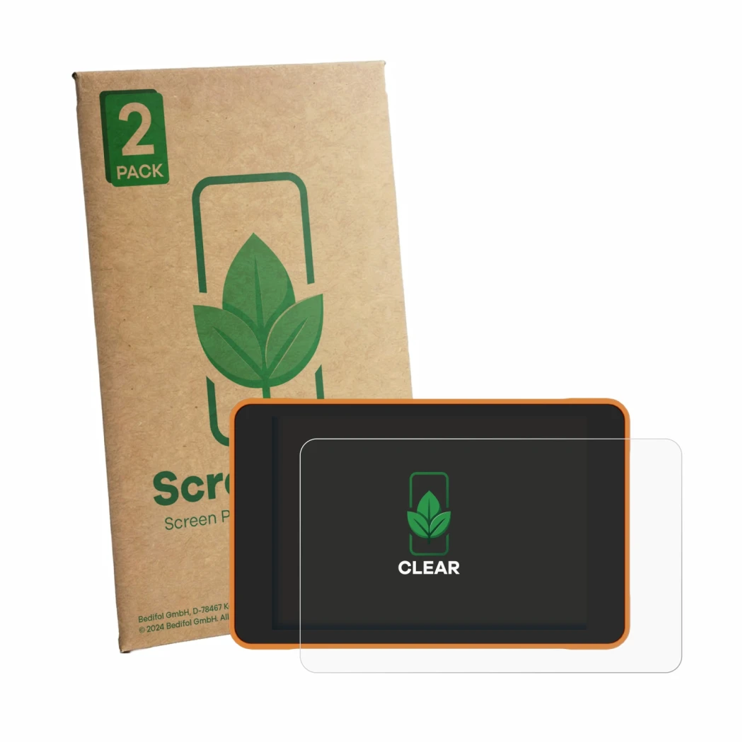 Front side of a product packaging with the brand logo ScreenLeaf. Next to it is the device ProGlove Lana shown with the corres
