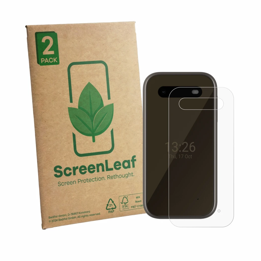 Front side of a product packaging with the brand logo ScreenLeaf. Next to it is the device HMD 2660 Flip 4G (Back) shown with 