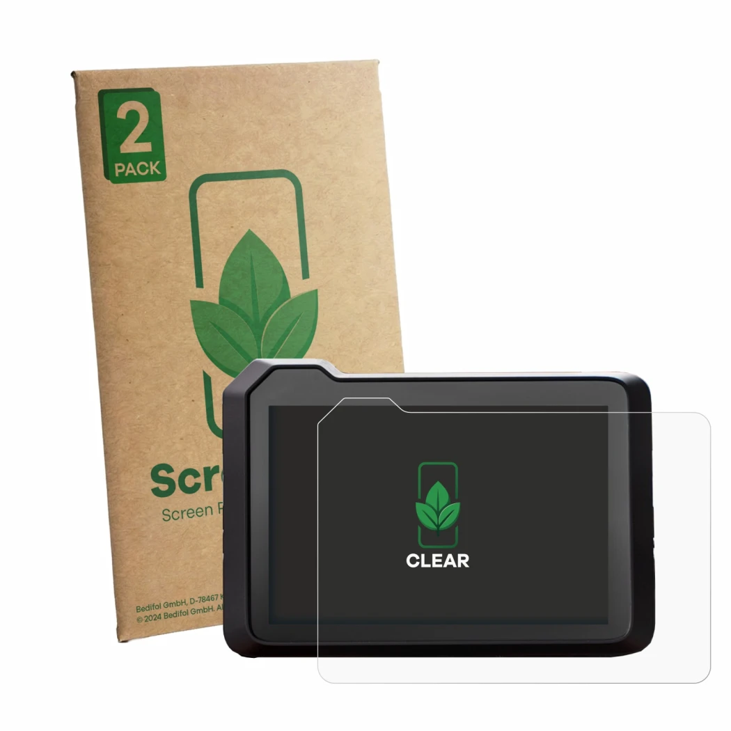 Front side of a product packaging with the brand logo ScreenLeaf. Next to it is the device KTM 125 Duke 2026 shown with the co