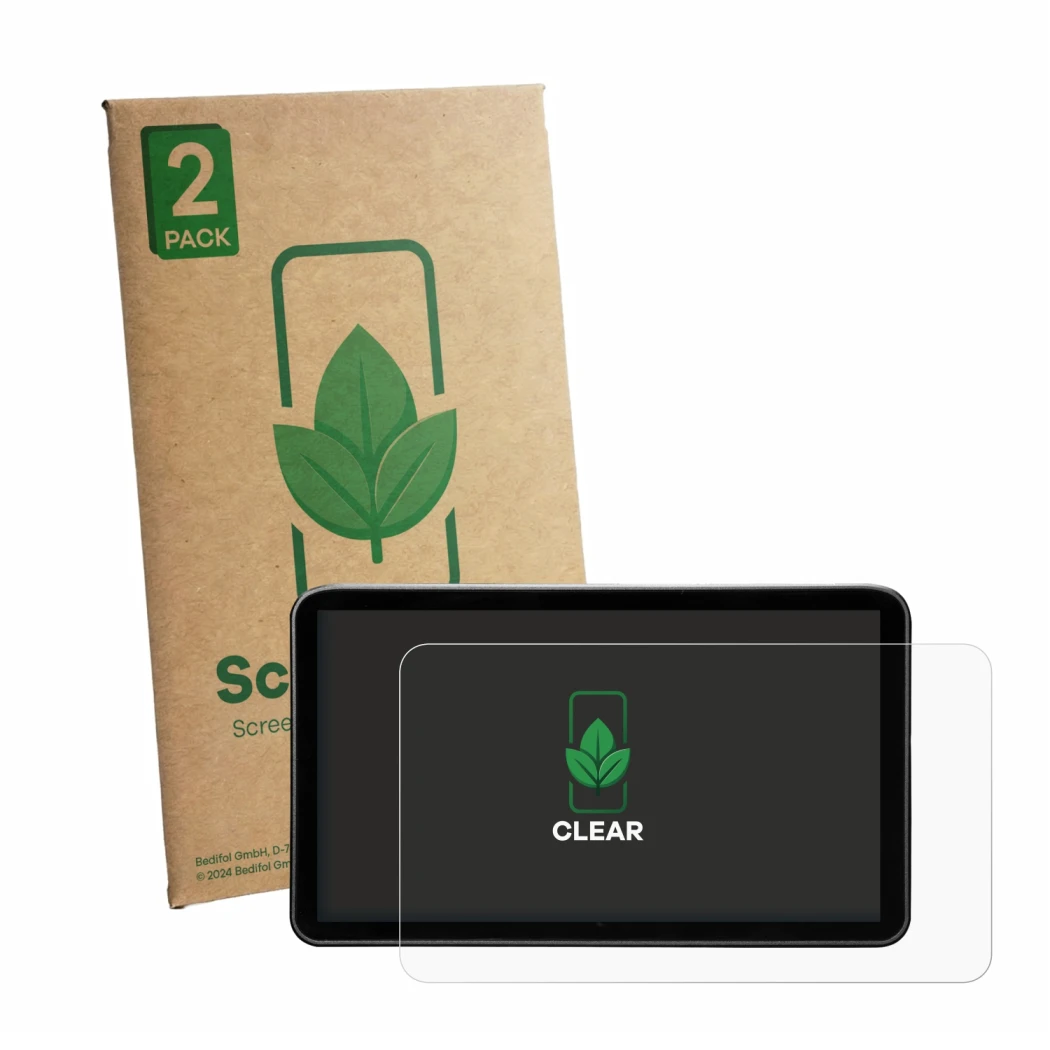 Front side of a product packaging with the brand logo ScreenLeaf. Next to it is the device Portkeys LS7P 7