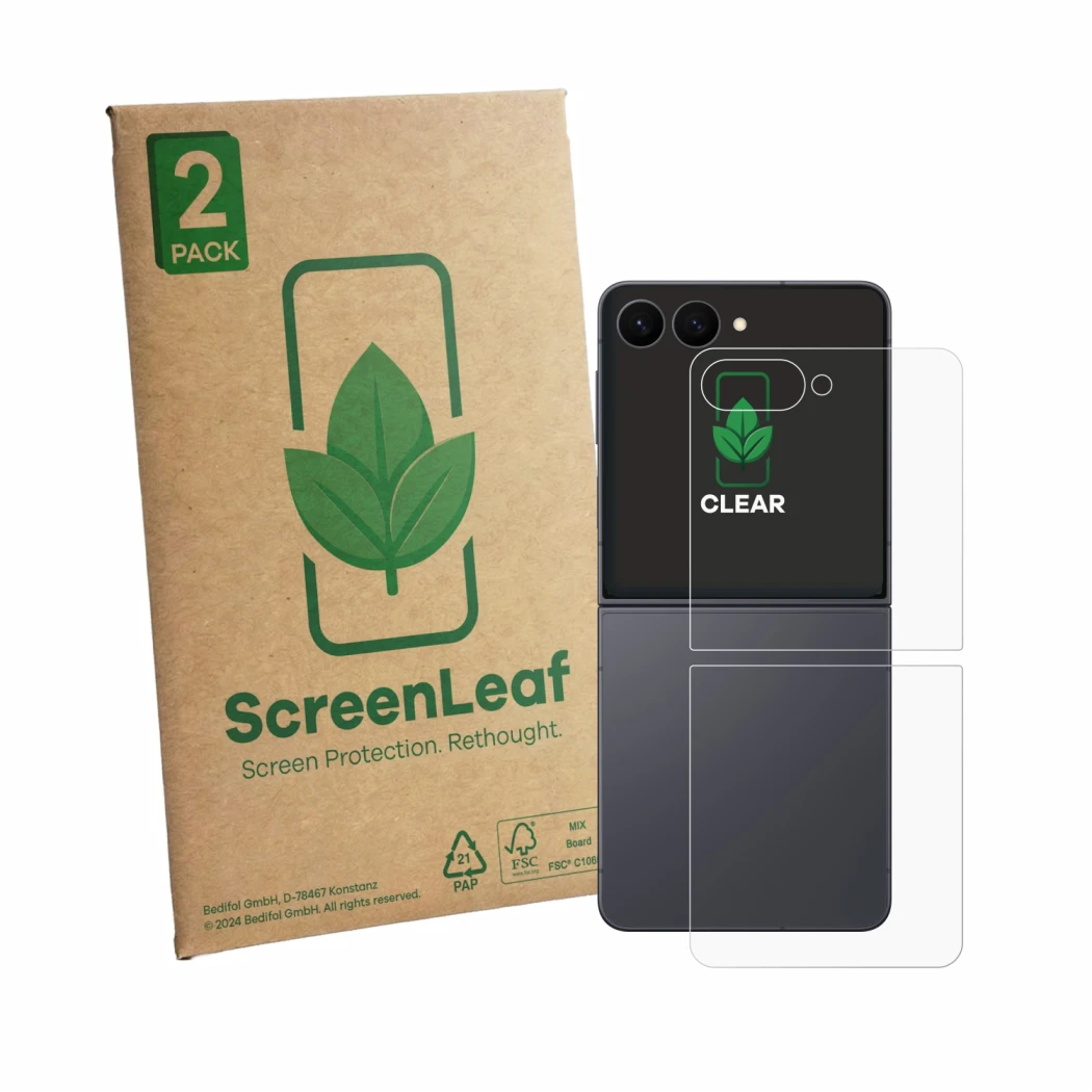 Front side of a product packaging with the brand logo ScreenLeaf. Next to it is the device Samsung Galaxy Z Flip 8 (Back) show