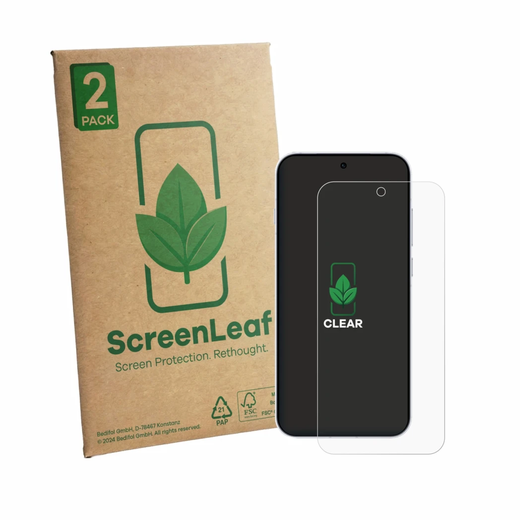 Front side of a product packaging with the brand logo ScreenLeaf. Next to it is the device Oppo Reno 16 Pro 5G shown with the 