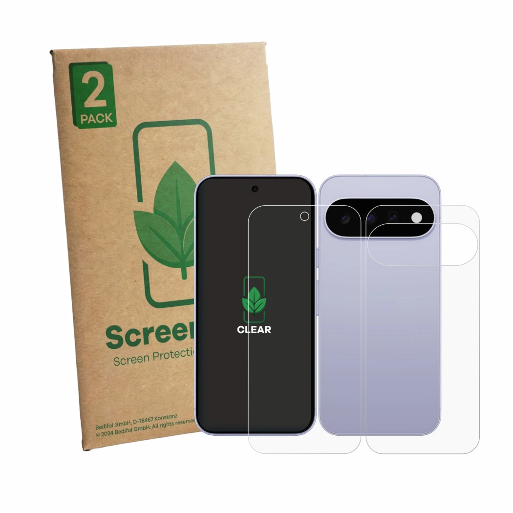 Front side of a product packaging with the brand logo ScreenLeaf. Next to it is the device Google Pixel 11 (Front+Back) shown 