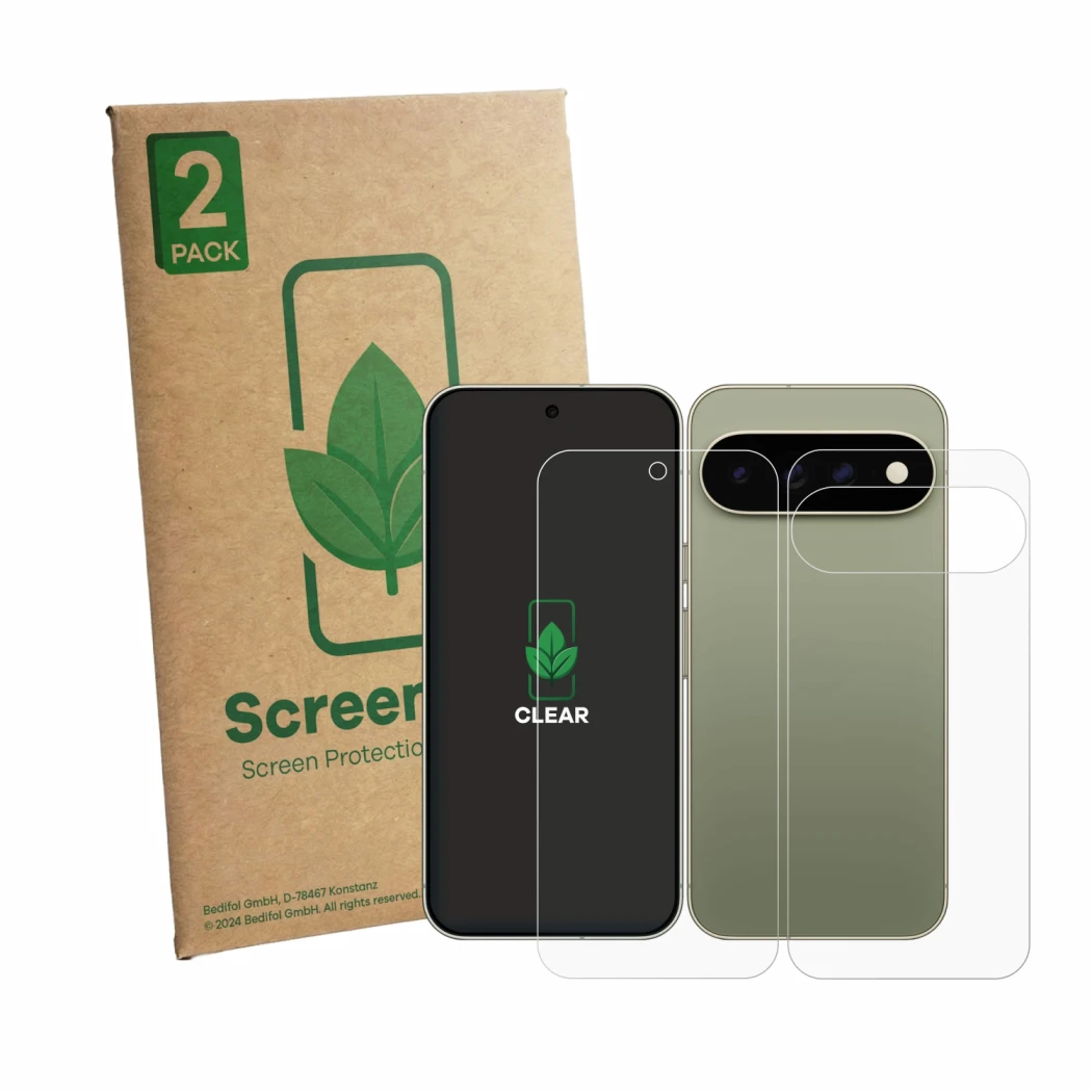 Front side of a product packaging with the brand logo ScreenLeaf. Next to it is the device Google Pixel 11 Pro XL (Front+Back)