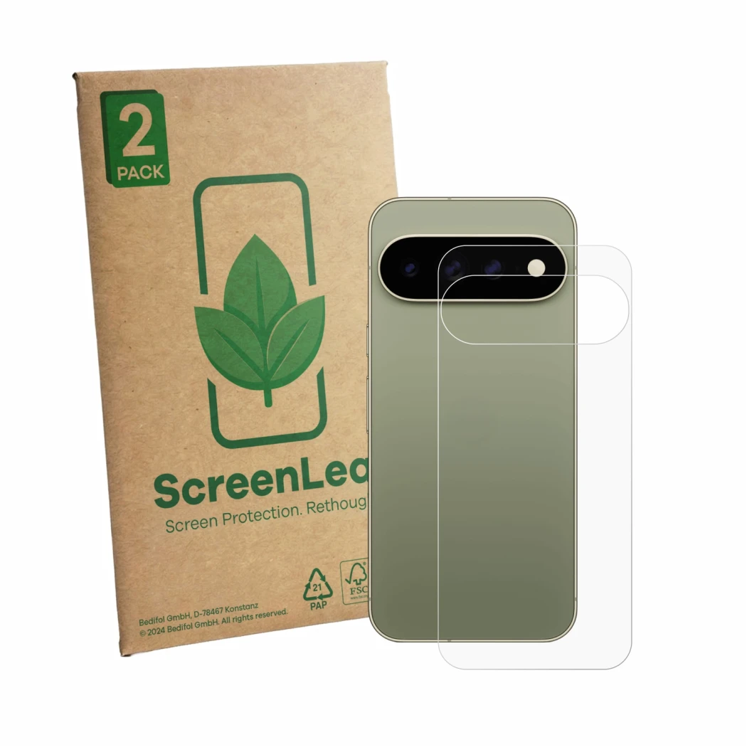 Front side of a product packaging with the brand logo ScreenLeaf. Next to it is the device Google Pixel 11 Pro XL (Back) shown