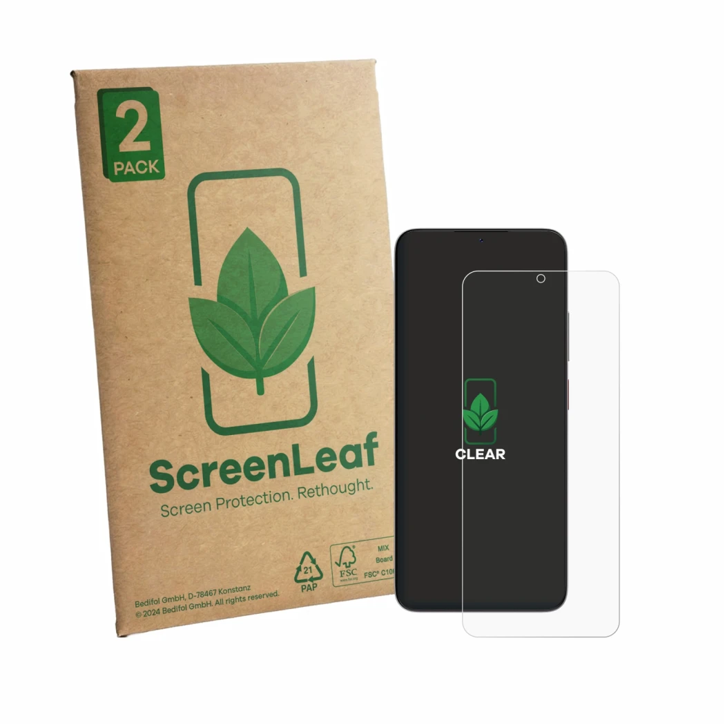Front side of a product packaging with the brand logo ScreenLeaf. Next to it is the device ZTE Blade V80 Max shown with the co