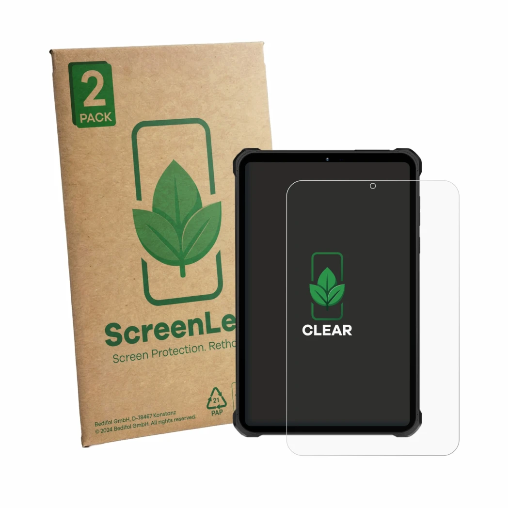 Front side of a product packaging with the brand logo ScreenLeaf. Next to it is the device Oukitel RT11 shown with the corresp