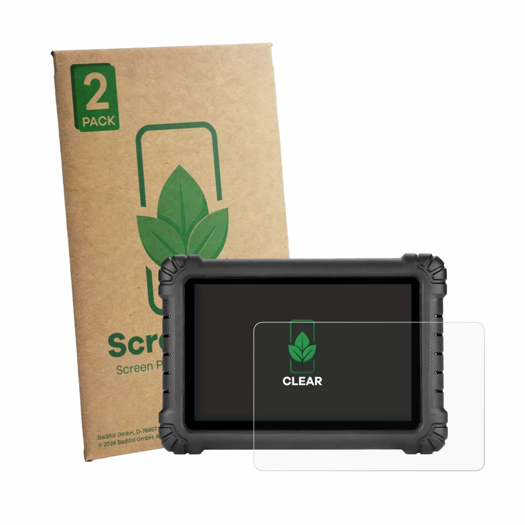 Front side of a product packaging with the brand logo ScreenLeaf. Next to it is the device Autel MaxiSYS MS906 MAX shown with 