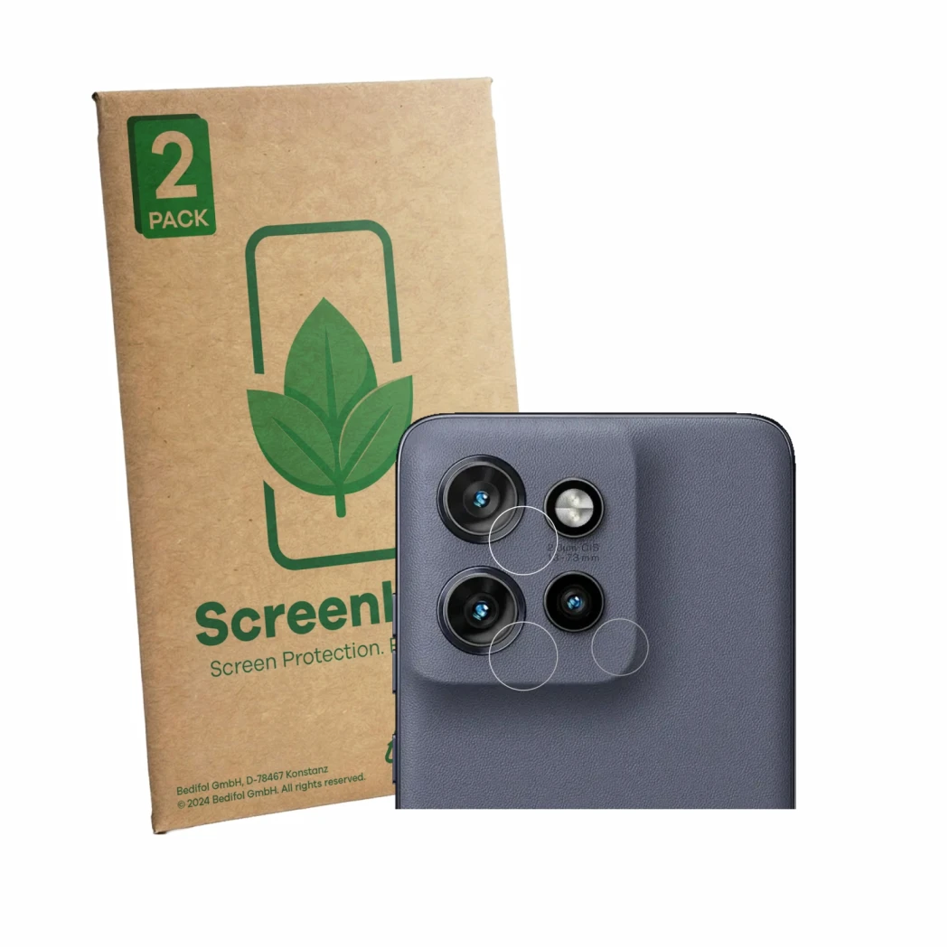 Front side of a product packaging with the brand logo ScreenLeaf. Next to it is the device Motorola Edge 60 Neo (ONLY Camera L
