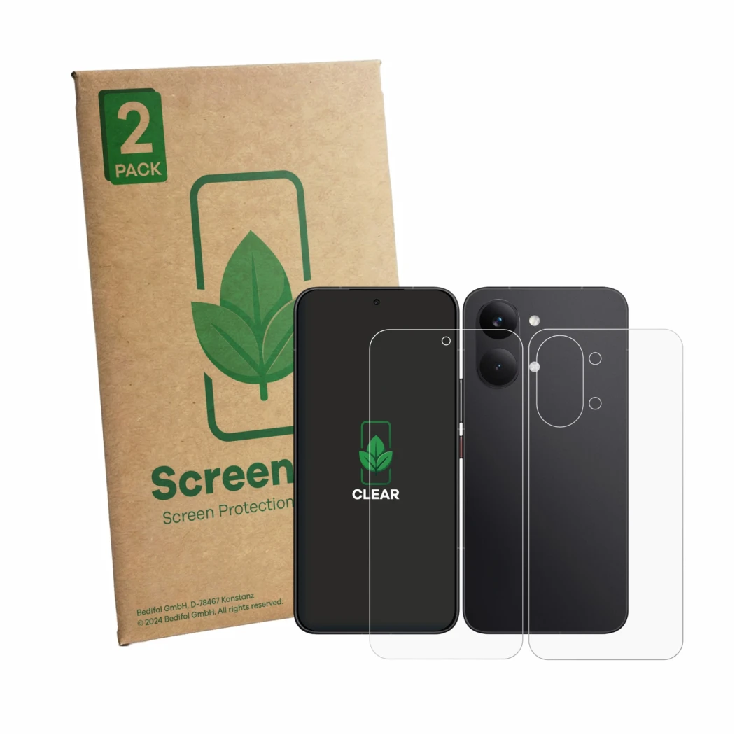 Front side of a product packaging with the brand logo ScreenLeaf. Next to it is the device Xiaomi Poco X8 Pro Max (Front+Back)