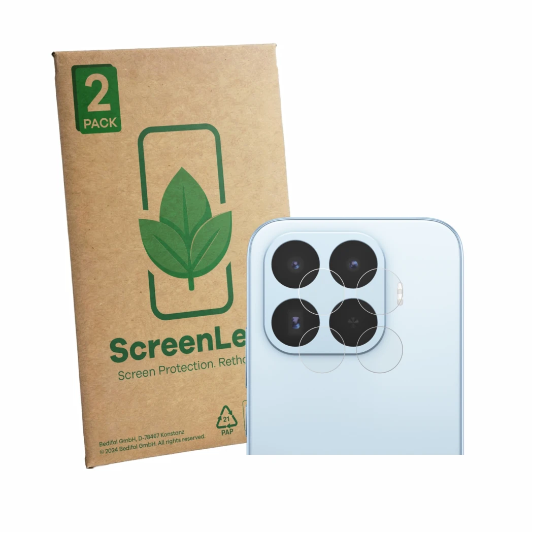 Front side of a product packaging with the brand logo ScreenLeaf. Next to it is the device Xiaomi 17T (ONLY Camera Lens) shown