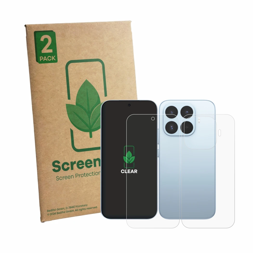 Front side of a product packaging with the brand logo ScreenLeaf. Next to it is the device Xiaomi 17T (Front+Back) shown with 