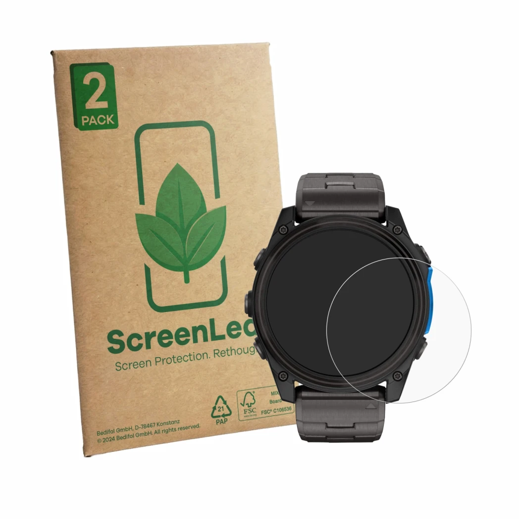 Front side of a product packaging with the brand logo ScreenLeaf. Next to it is the device Garmin D2 Mach 2 (51 mm) shown with
