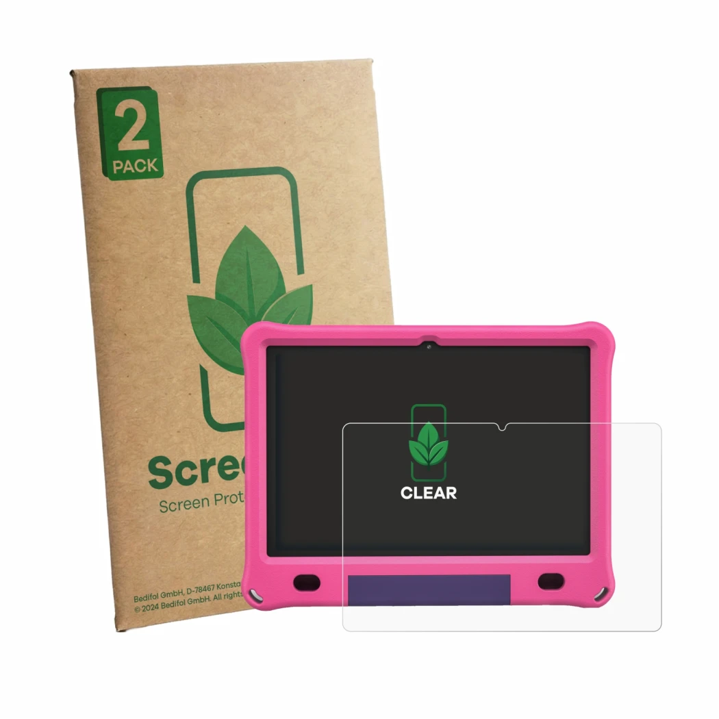 Front side of a product packaging with the brand logo ScreenLeaf. Next to it is the device Vasoun TAB 10 MAX M10 shown with th
