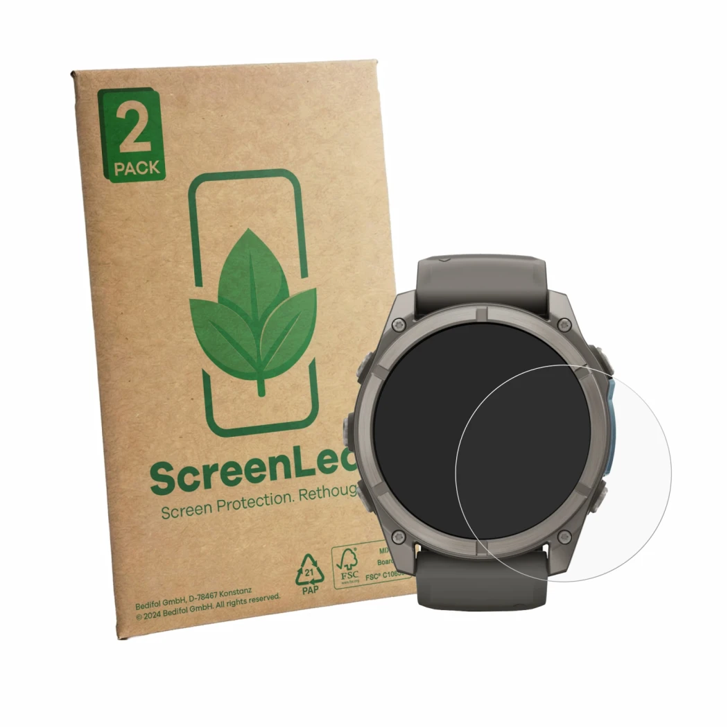 Front side of a product packaging with the brand logo ScreenLeaf. Next to it is the device Garmin Fenix 9 (51 mm) shown with t