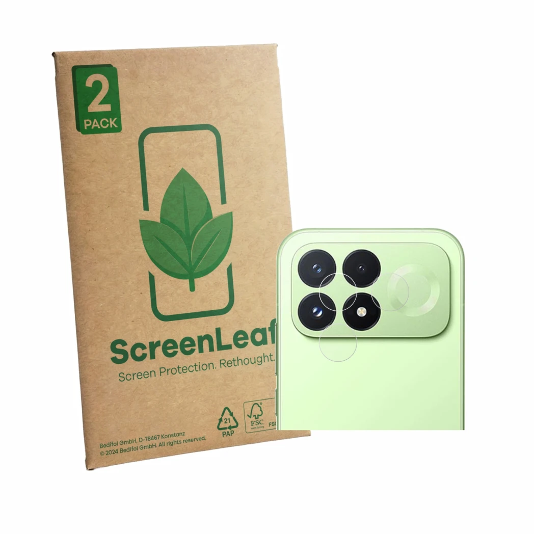 Front side of a product packaging with the brand logo ScreenLeaf. Next to it is the device Xiaomi Poco F9 Pro (ONLY Camera Len