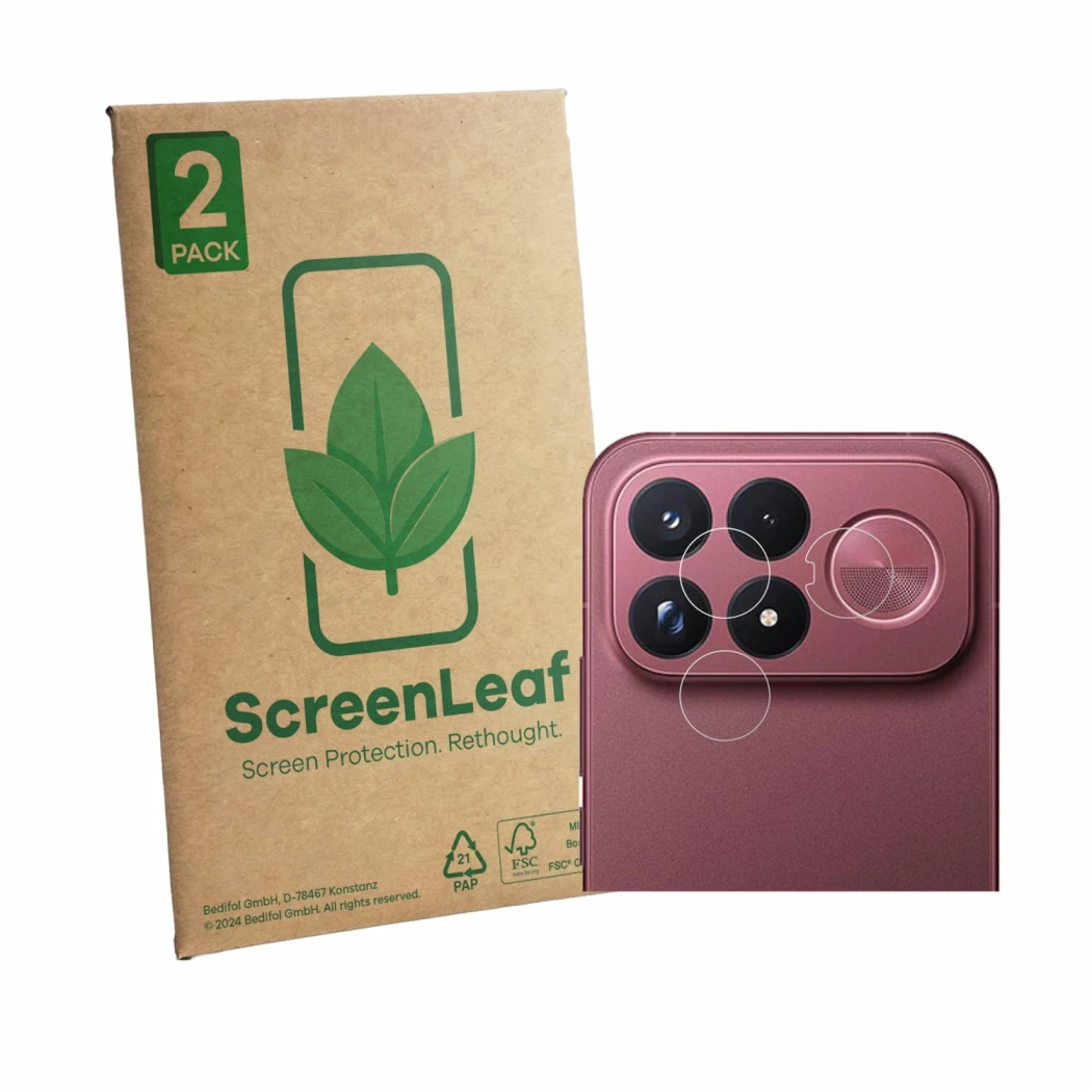 Front side of a product packaging with the brand logo ScreenLeaf. Next to it is the device Xiaomi Poco F9 Ultra (ONLY Camera L