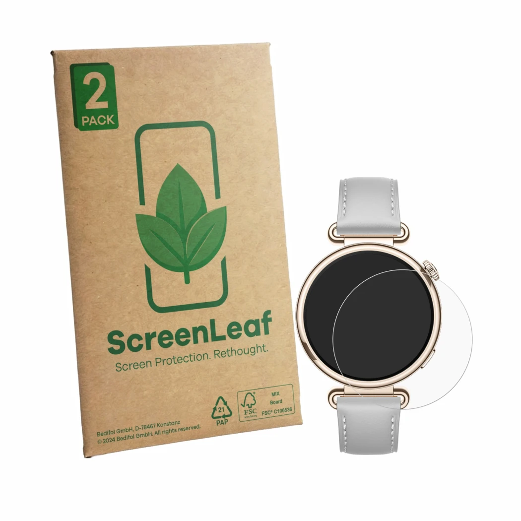Front side of a product packaging with the brand logo ScreenLeaf. Next to it is the device Huawei Watch GT 7 (41 mm) shown wit
