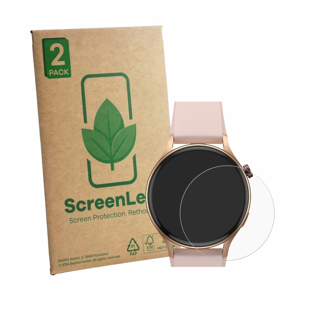 Front side of a product packaging with the brand logo ScreenLeaf. Next to it is the device aeac AR-01 1.32