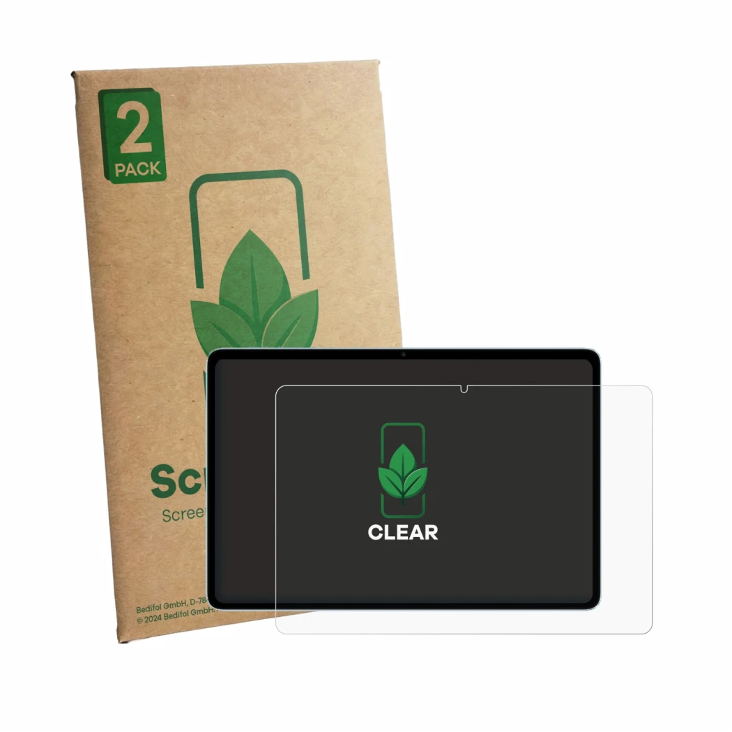 Front side of a product packaging with the brand logo ScreenLeaf. Next to it is the device Teclast P35 shown with the correspo