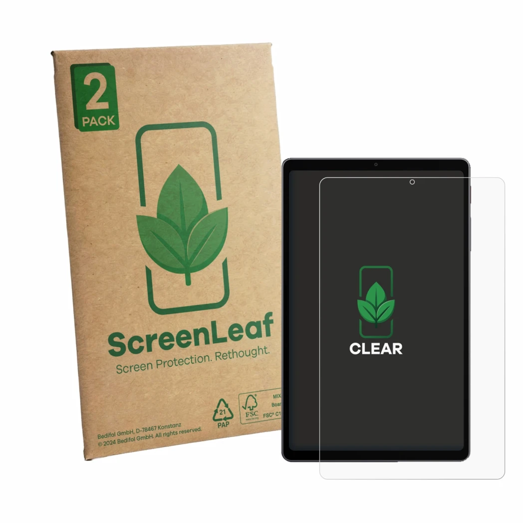 Front side of a product packaging with the brand logo ScreenLeaf. Next to it is the device Alldocube iPlay 80 mini Turbo shown