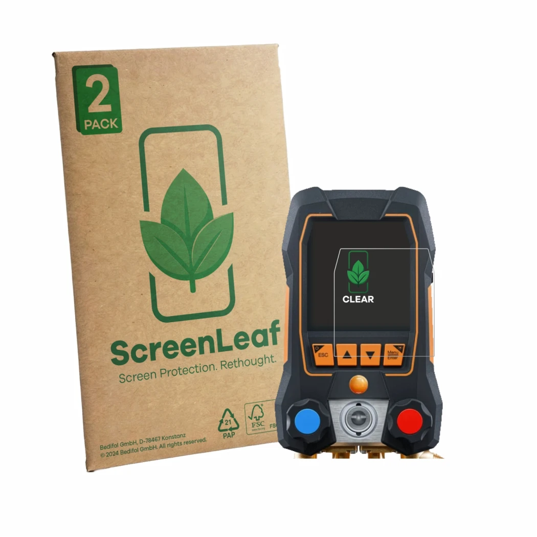 Front side of a product packaging with the brand logo ScreenLeaf. Next to it is the device Testo 558s shown with the correspon