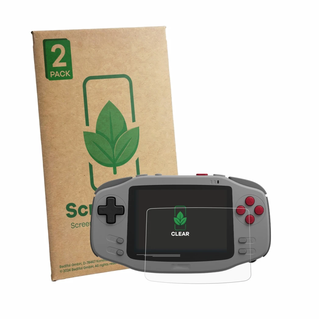 Front side of a product packaging with the brand logo ScreenLeaf. Next to it is the device AYANEO KONKR Pocket Advance shown w