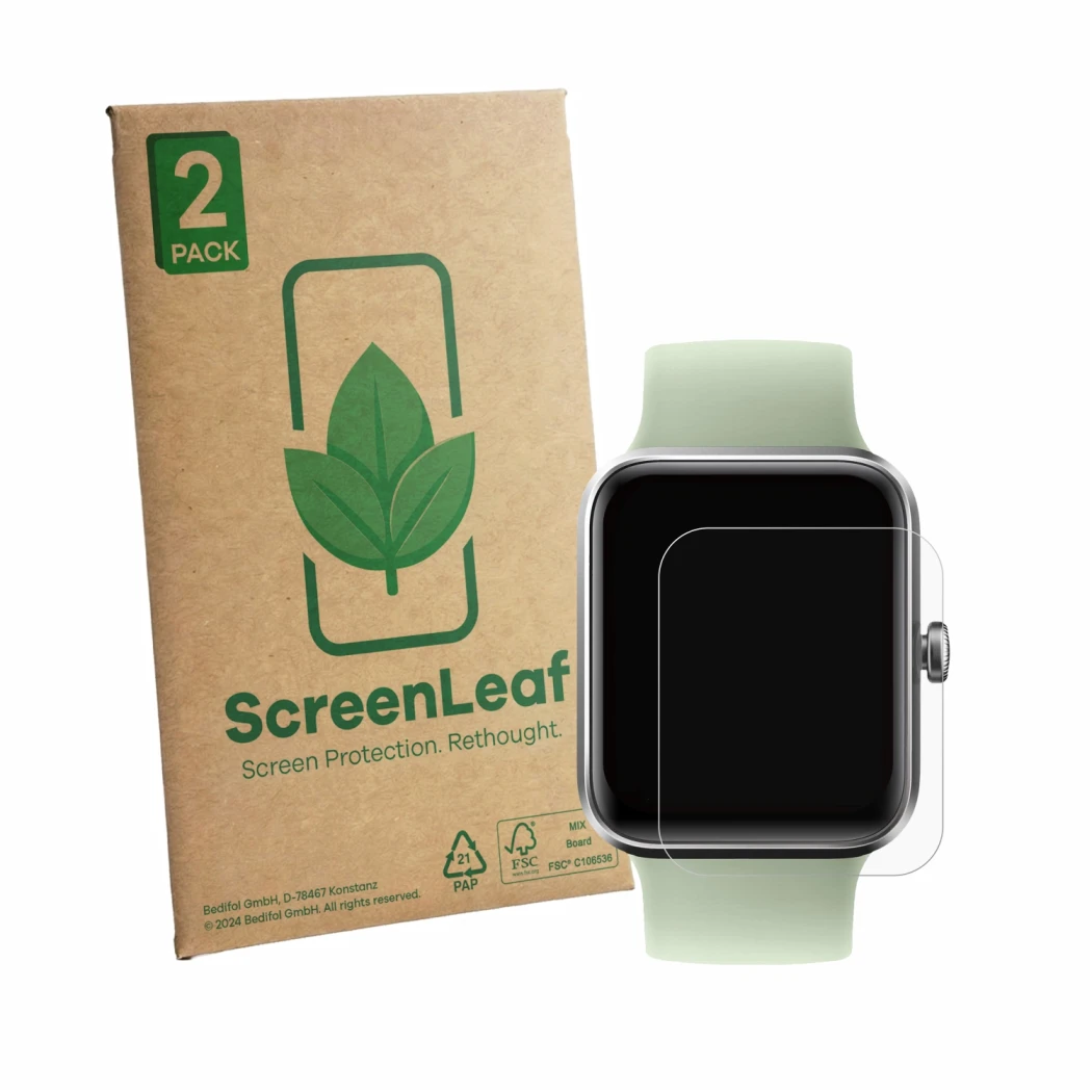 Front side of a product packaging with the brand logo ScreenLeaf. Next to it is the device Decathlon CW 500 S shown with the c