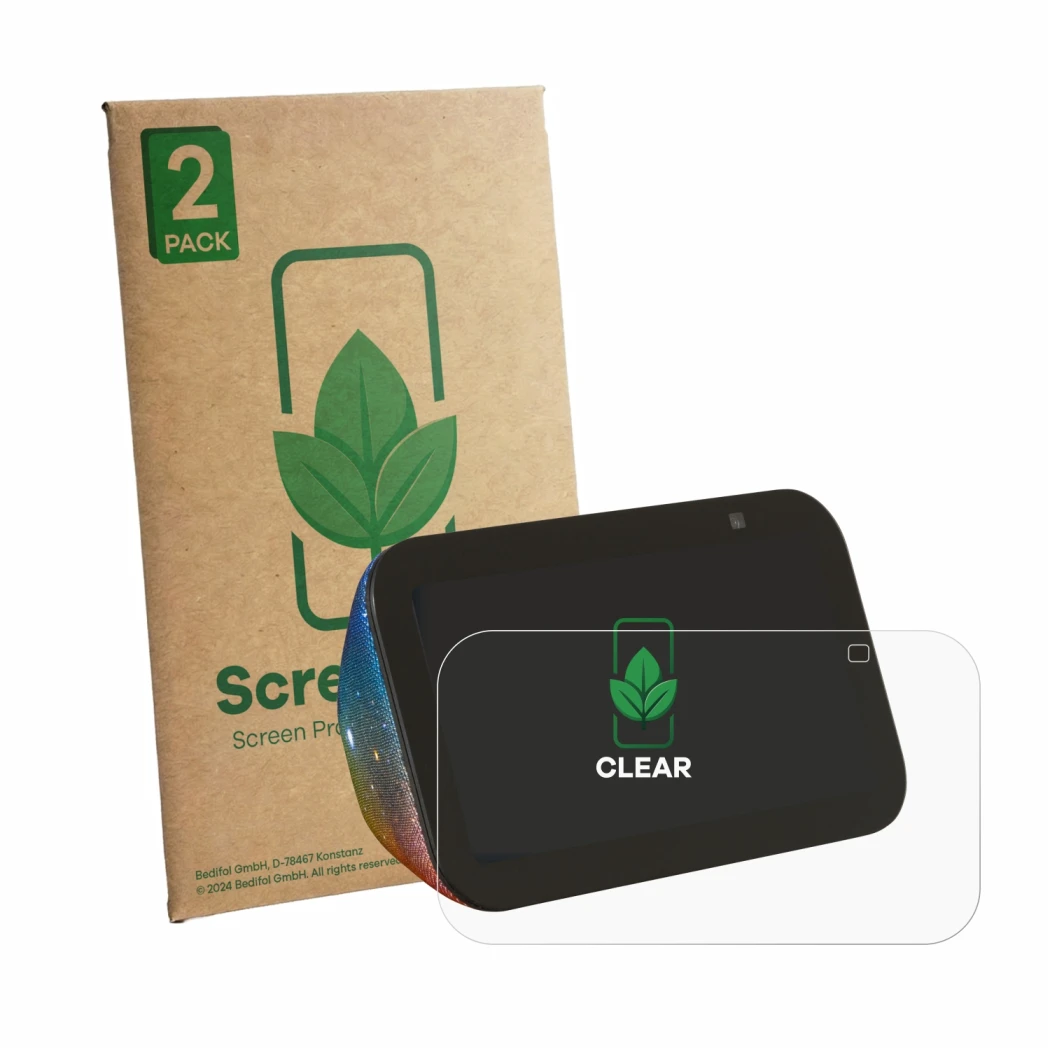 Front side of a product packaging with the brand logo ScreenLeaf. Next to it is the device Amazon Echo Show 5 Kids shown with 