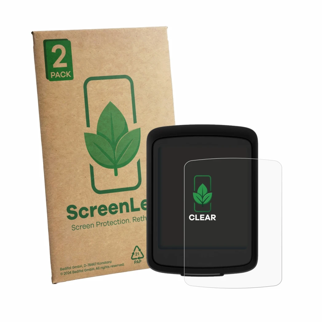 Front side of a product packaging with the brand logo ScreenLeaf. Next to it is the device Bryton Rider E10 shown with the cor