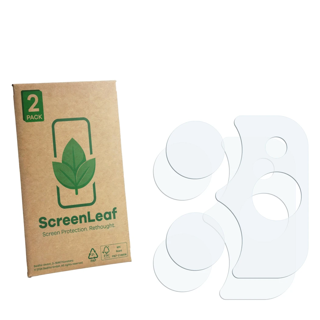 Front side of a product packaging with the brand logo ScreenLeaf. Next to it is the corresponding screen protector.
