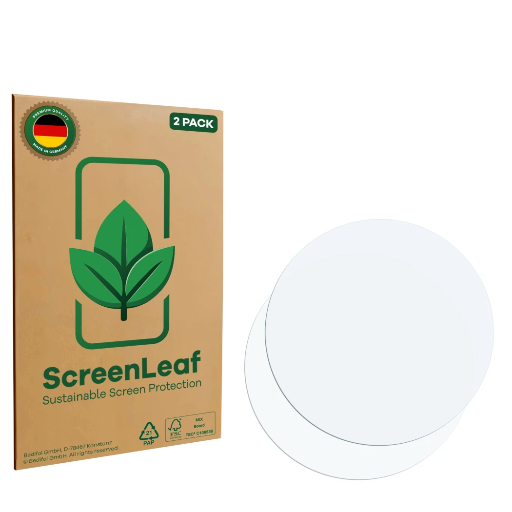Front side of a product packaging with the brand logo ScreenLeaf. Next to it is the corresponding screen protector.