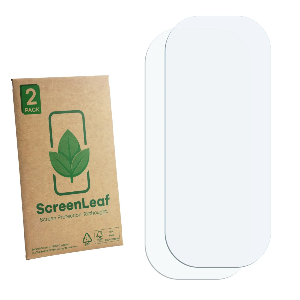 Front side of a product packaging with the brand logo ScreenLeaf. Next to it is the corresponding screen protector.