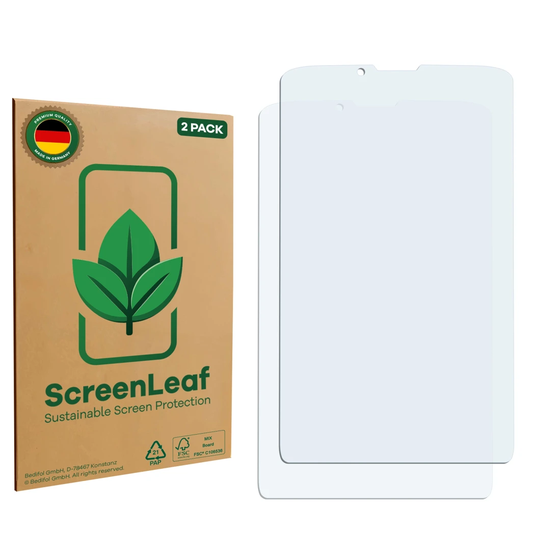 Front side of a product packaging with the brand logo ScreenLeaf. Next to it is the corresponding screen protector.