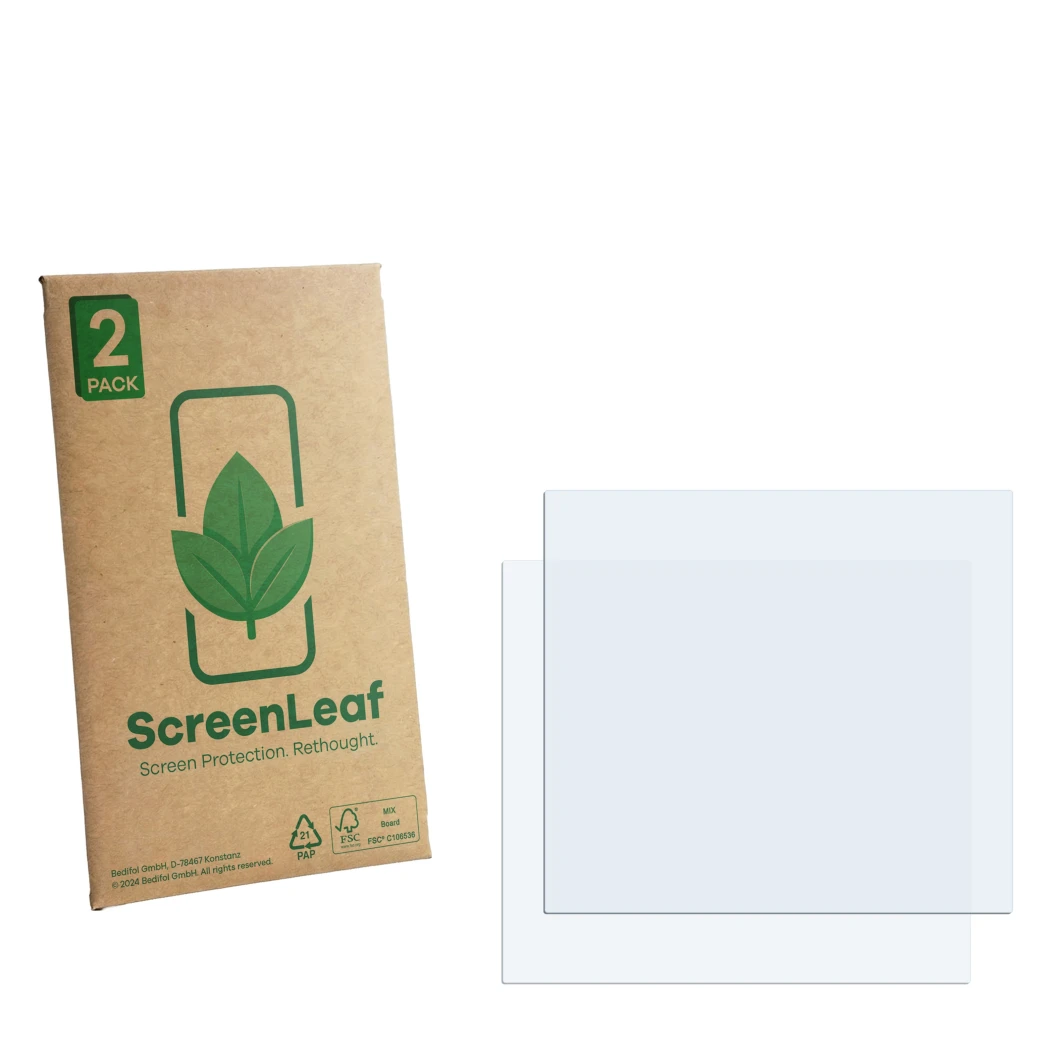 Front side of a product packaging with the brand logo ScreenLeaf. Next to it is the corresponding screen protector.
