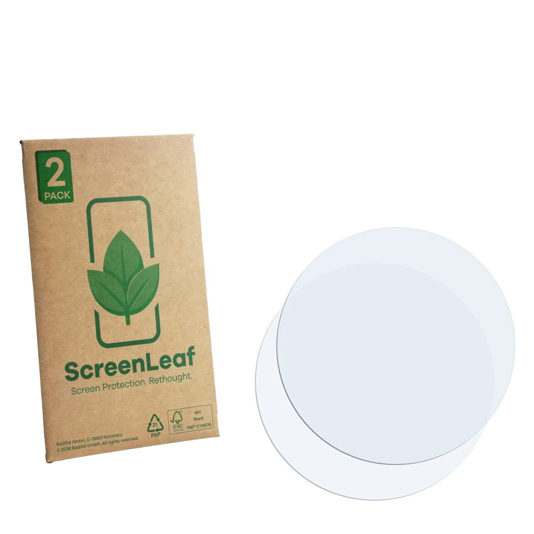 Front side of a product packaging with the brand logo ScreenLeaf. Next to it is the corresponding screen protector.