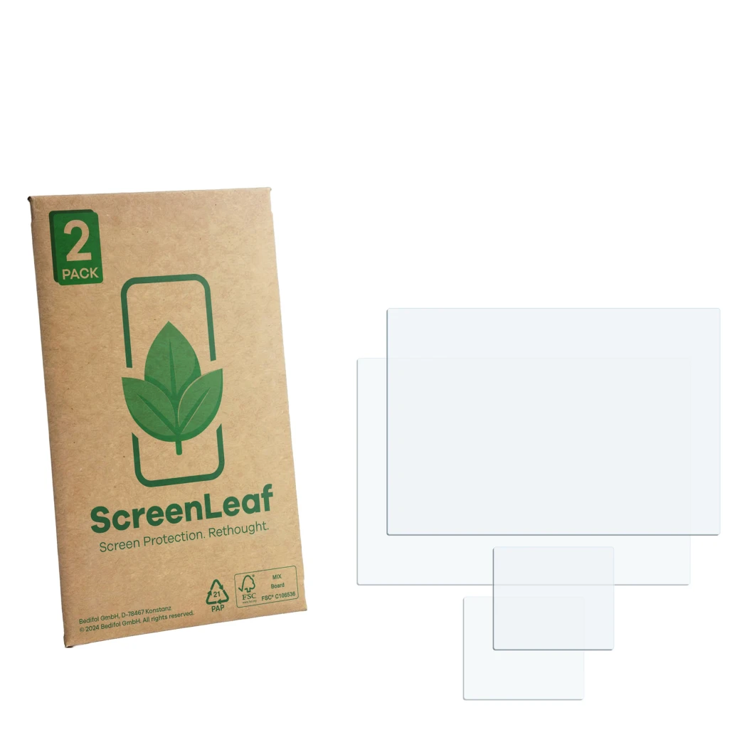 Front side of a product packaging with the brand logo ScreenLeaf. Next to it is the corresponding screen protector.