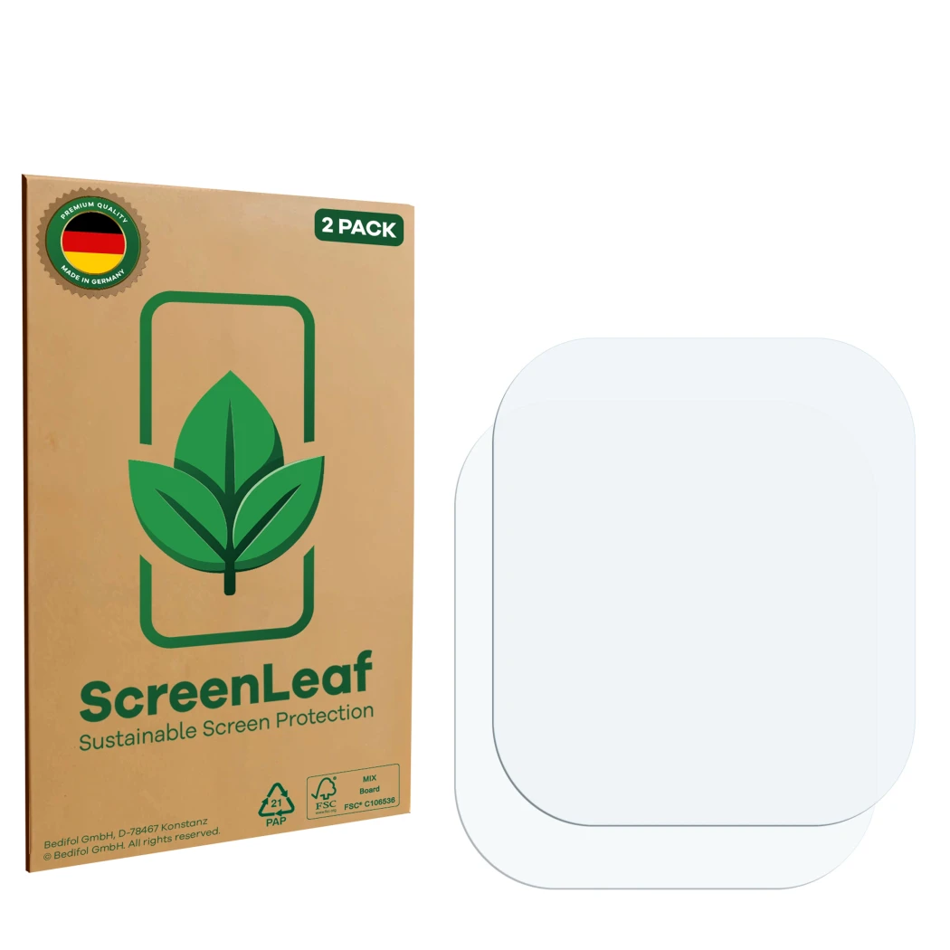 Front side of a product packaging with the brand logo ScreenLeaf. Next to it is the corresponding screen protector.