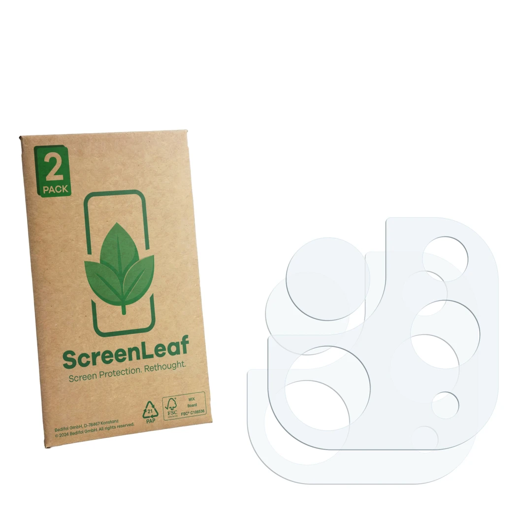 Front side of a product packaging with the brand logo ScreenLeaf. Next to it is the corresponding screen protector.