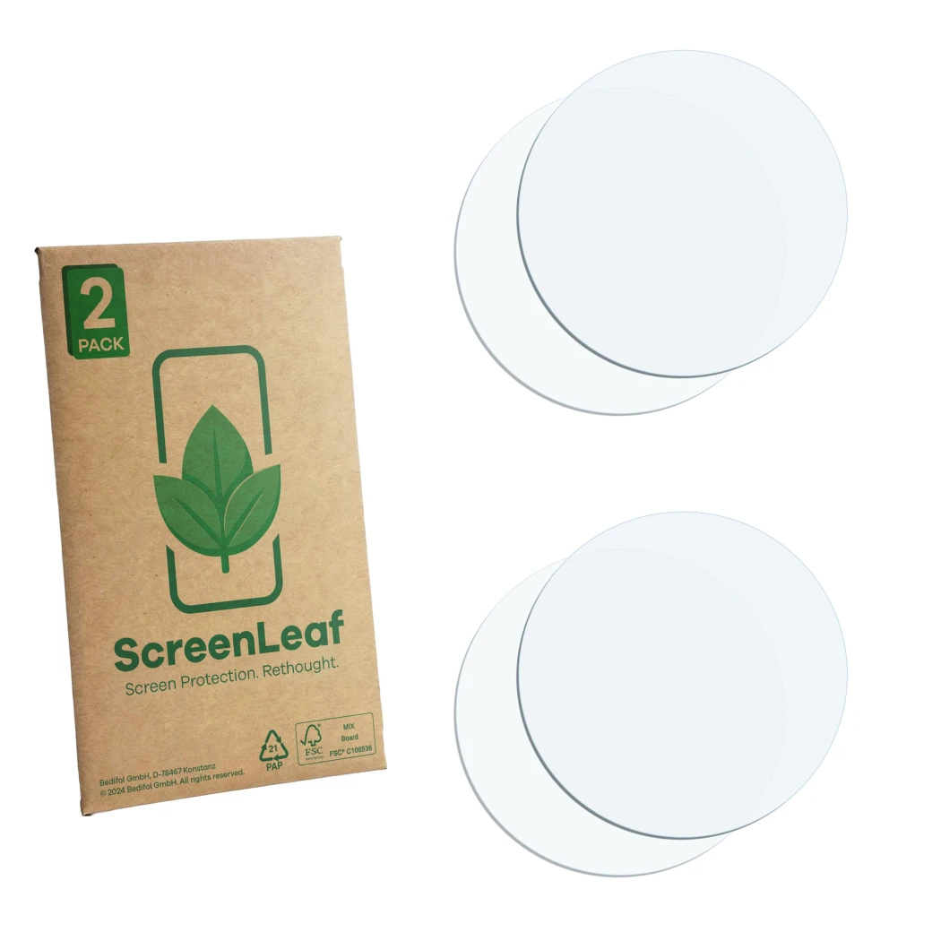 Front side of a product packaging with the brand logo ScreenLeaf. Next to it is the corresponding screen protector.