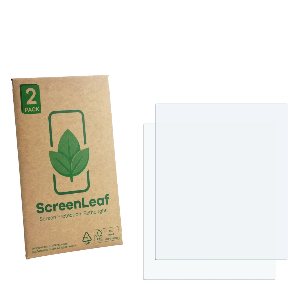 Front side of a product packaging with the brand logo ScreenLeaf. Next to it is the corresponding screen protector.
