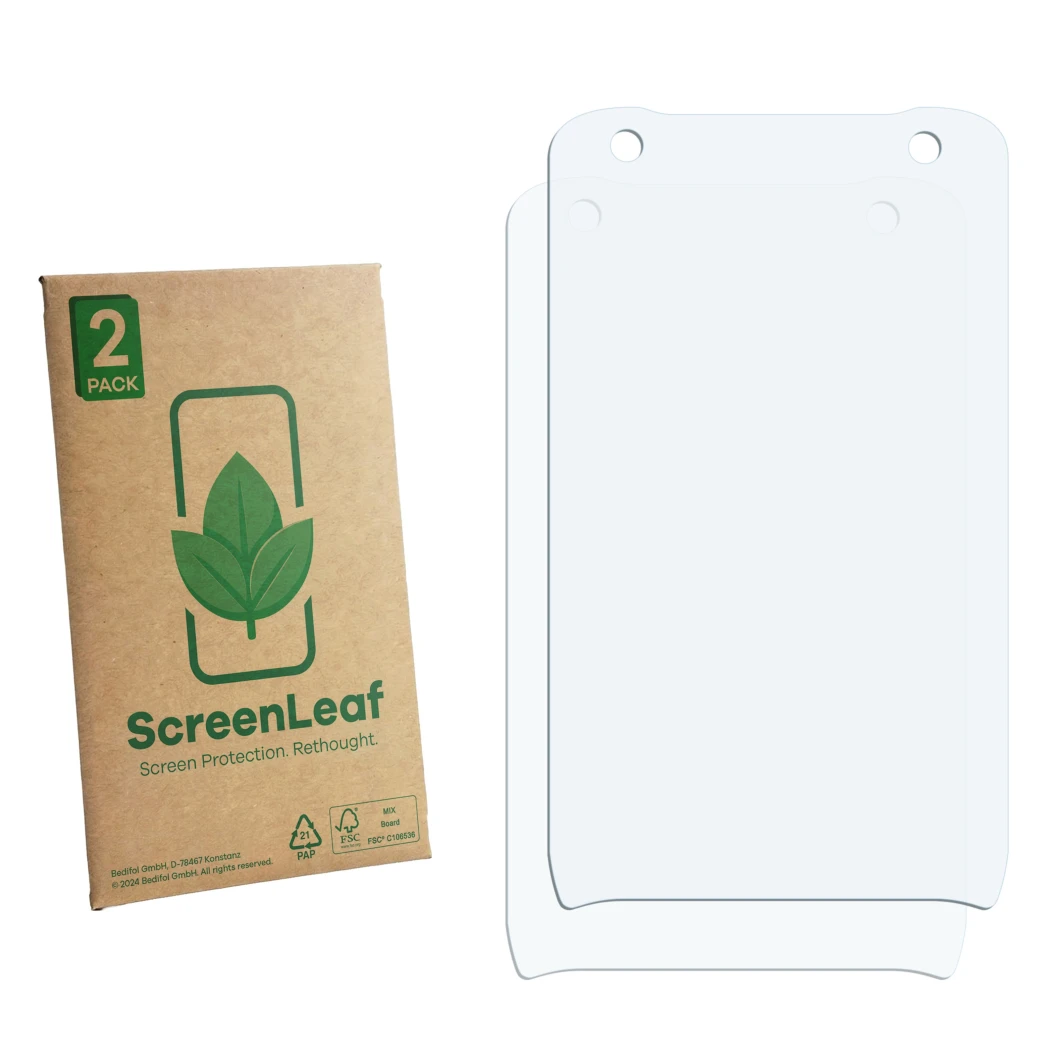Front side of a product packaging with the brand logo ScreenLeaf. Next to it is the corresponding screen protector.