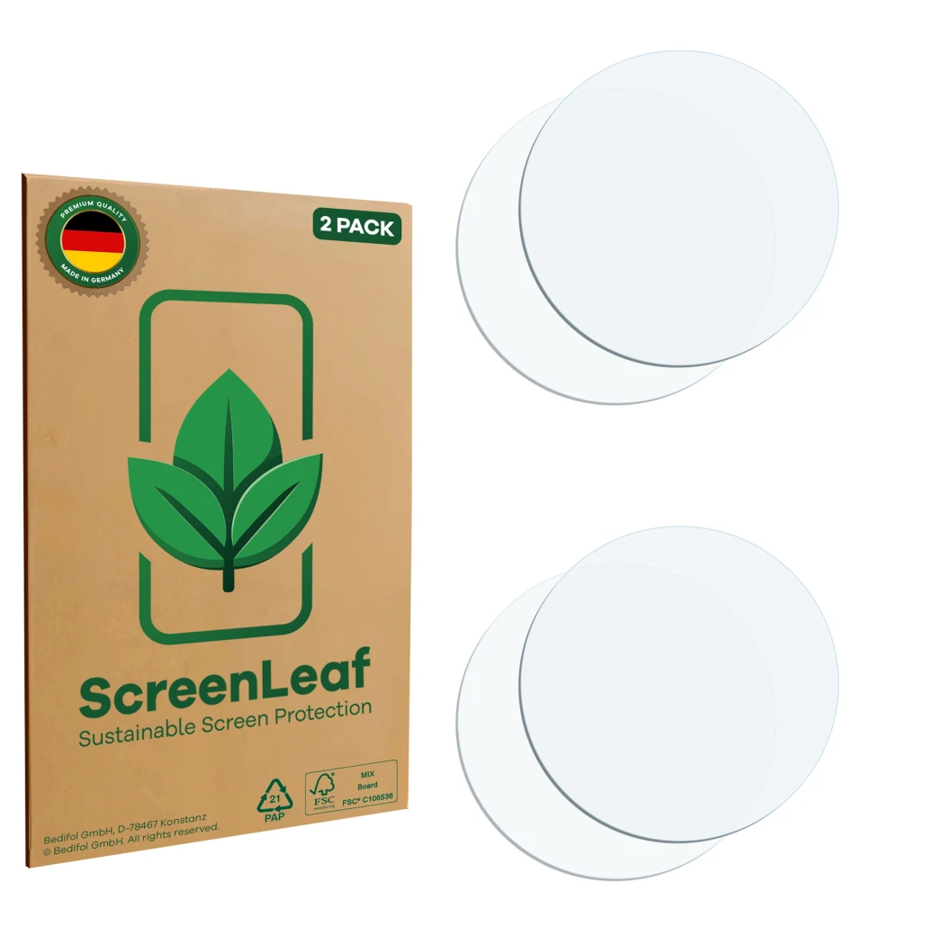 Front side of a product packaging with the brand logo ScreenLeaf. Next to it is the corresponding screen protector.
