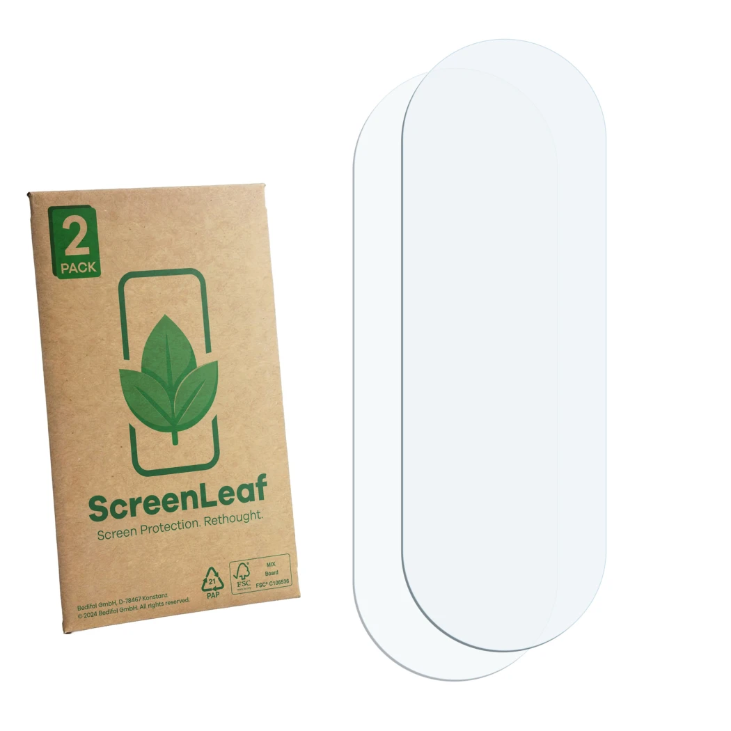 Front side of a product packaging with the brand logo ScreenLeaf. Next to it is the corresponding screen protector.