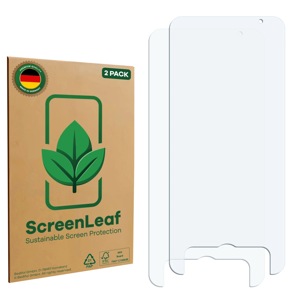 Front side of a product packaging with the brand logo ScreenLeaf. Next to it is the corresponding screen protector.