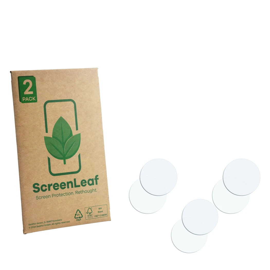 Front side of a product packaging with the brand logo ScreenLeaf. Next to it is the corresponding screen protector.
