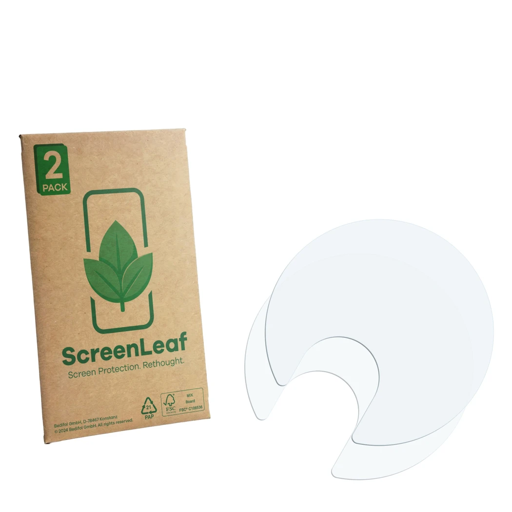 Front side of a product packaging with the brand logo ScreenLeaf. Next to it is the corresponding screen protector.