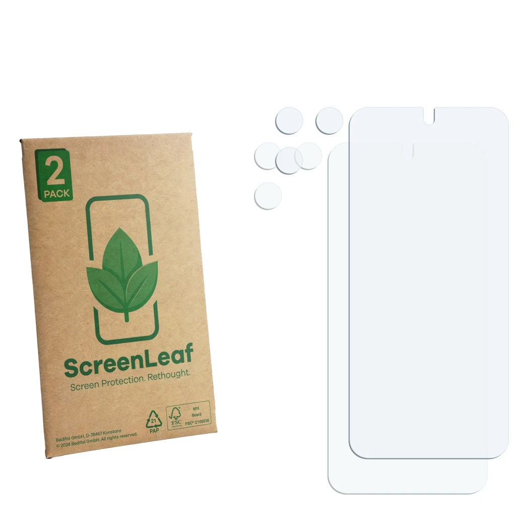 Front side of a product packaging with the brand logo ScreenLeaf. Next to it is the corresponding screen protector.